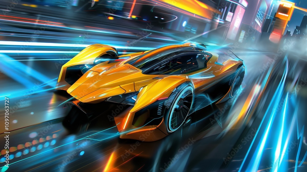 Fototapeta premium Sleek anime inspired hovercar racing along a vibrant neon cyber highway in stunning detail