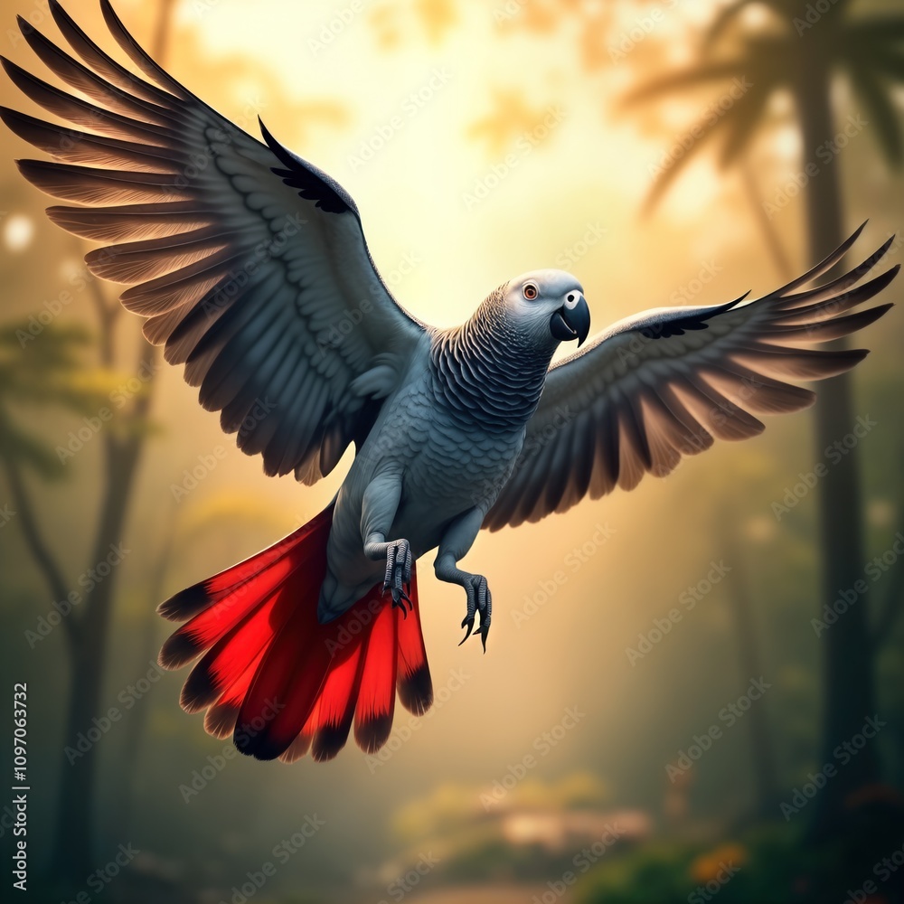 Fototapeta Grey parrot flies in tropical forest. African bird in flight. Exotic avian wildlife. Vibrant plumage. Beautiful creature. Pretty parrot with red tail feathers. Domestic pet. Animal portrait. Nature