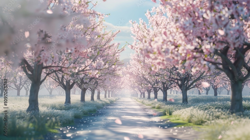 A vibrant spring day cherry trees in full bloom along a picturesque tree lined avenue A vibrant spring day cherry trees in full bloom along a picturesque tree lined avenue