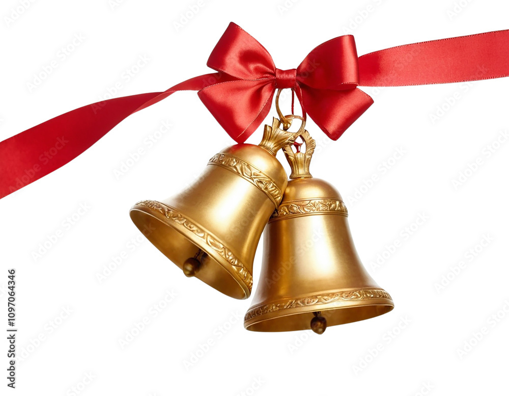 Shiny golden bells tied with an intricate red ribbon bow, perfect for holiday decorations and adding a festive touch to any celebration., isolated in white background Shiny golden bells tied with an intricate red ribbon bow, perfect for holiday decorations and adding a festive touch to any celebration., isolated in white background