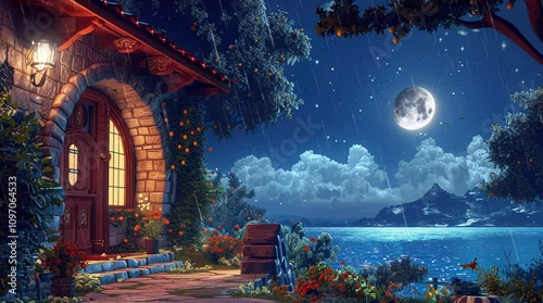 Wooden block house door by a peaceful lake on a rainy night with soft ambient glow  
Seamless looping 4k time-lapse virtual video animation Generated AI
