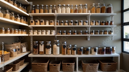 Organized pantry with glass jars, various dry goods, and baskets.
