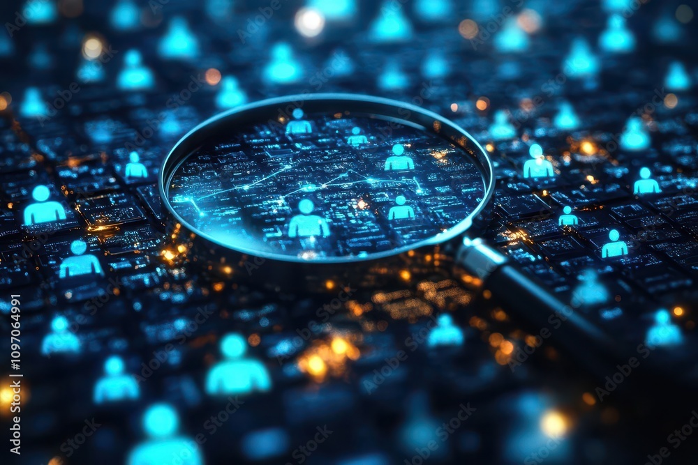 human resource management concept features a magnifying glass focused on a manager icon surrounded by diverse staff icons, conveying themes of recruitment and leadership in a corporate environment