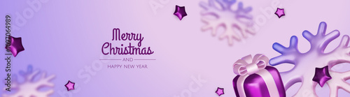Happy New Year and Merry Christmas. Christmas holiday background with realistic 3d objects, violet and white bauble balls, conical metal stars, gift. Levitation falling design composition.