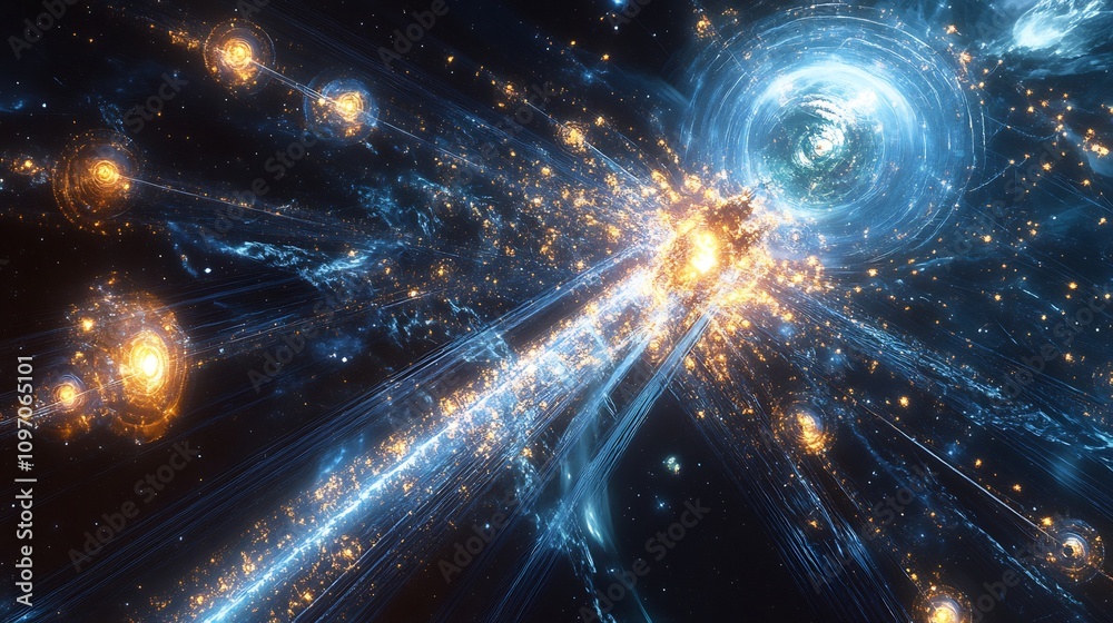 Obraz premium Hyperrealistic depiction of a Type II civilization on the Kardashev Scale constructing a vast energy relay network in deep space using quantum entanglement to transmit energy across lightyears