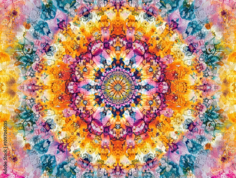 A vibrant, intricate kaleidoscope pattern featuring bright colors and floral elements.