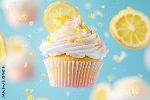 National Lemon Cupcake Day, lemon cupcakes with fluffy buttercream swirls adorned with dry lemon slices, flying around pastel blue background, December 15