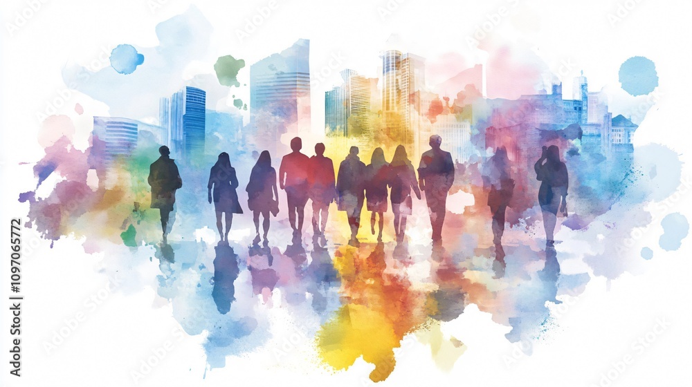 Silhouettes of people walking in a vibrant, colourful city. An artistic watercolor illustration capturing the dynamic energy of urban life. Silhouettes of people walking in a vibrant, colourful city. An artistic watercolor illustration capturing the dynamic energy of urban life.