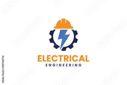 Electrical engineering logo with gear hard hat and lightning bolt symbol