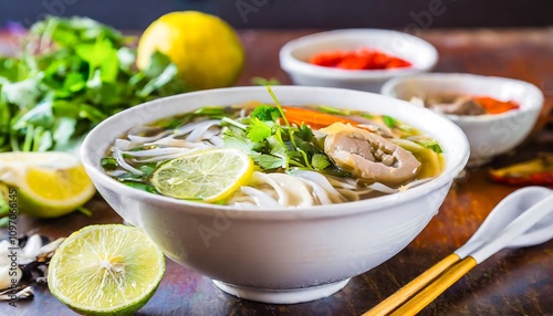 Close-Up of Traditional Vietnamese Pho Soup with Fresh Ingredients and Garnishes