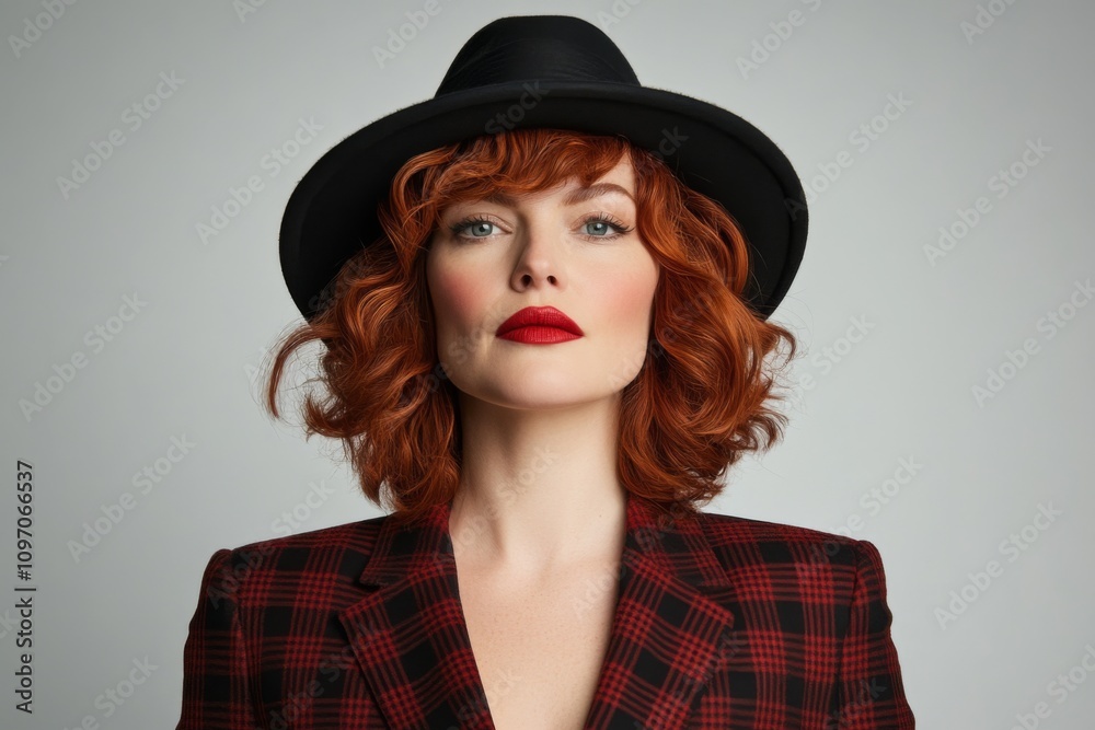 Portrait of a woman with curly red hair and a stylish hat, showcasing confidence and fashion in a studio setting Portrait of a woman with curly red hair and a stylish hat, showcasing confidence and fashion in a studio setting