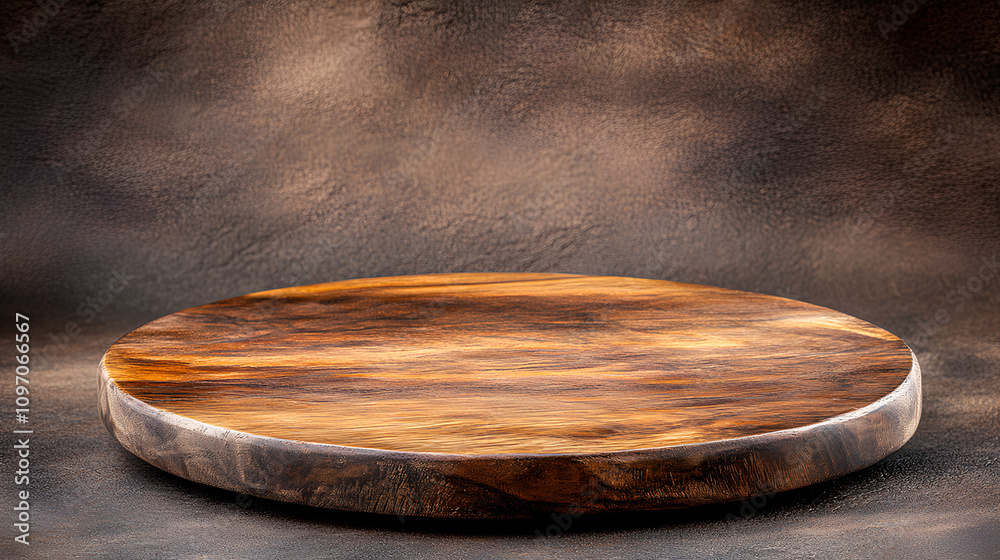 Round Wooden Tray Against Dark Brown Background - Front View Round Wooden Tray Against Dark Brown Background - Front View