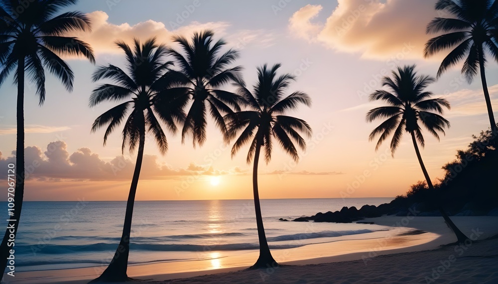 Una escena de playa tropical con palmeras, un océano en calma y un cielo al atardecer. Las palmeras tienen un tono dorado cálido y el océano es de un color azul sereno. El fondo muestra un horizonte l Una escena de playa tropical con palmeras, un océano en calma y un cielo al atardecer. Las palmeras tienen un tono dorado cálido y el océano es de un color azul sereno. El fondo muestra un horizonte l