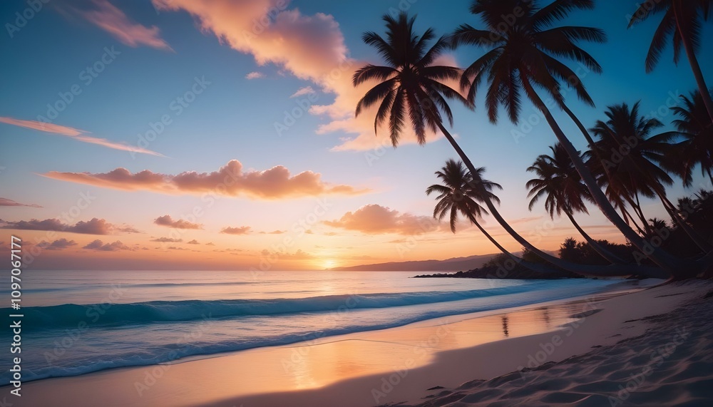 Una escena de playa tropical con palmeras, un océano en calma y un cielo al atardecer. Las palmeras tienen un tono dorado cálido y el océano es de un color azul sereno. El fondo muestra un horizonte l Una escena de playa tropical con palmeras, un océano en calma y un cielo al atardecer. Las palmeras tienen un tono dorado cálido y el océano es de un color azul sereno. El fondo muestra un horizonte l