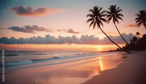 Una escena de playa tropical con palmeras, un océano en calma y un cielo al atardecer. Las palmeras tienen un tono dorado cálido y el océano es de un color azul sereno. El fondo muestra un horizonte l