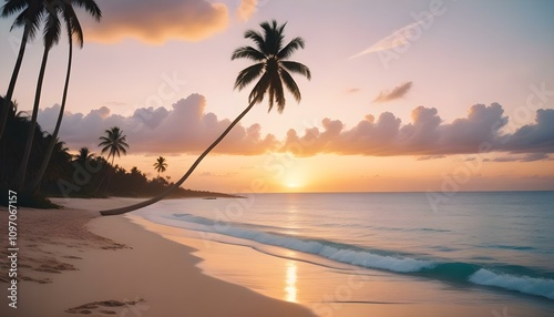 Una escena de playa tropical con palmeras, un océano en calma y un cielo al atardecer. Las palmeras tienen un tono dorado cálido y el océano es de un color azul sereno. El fondo muestra un horizonte l photo