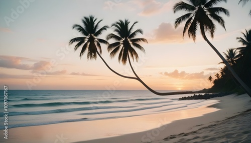 Una escena de playa tropical con palmeras, un océano en calma y un cielo al atardecer. Las palmeras tienen un tono dorado cálido y el océano es de un color azul sereno. El fondo muestra un horizonte l