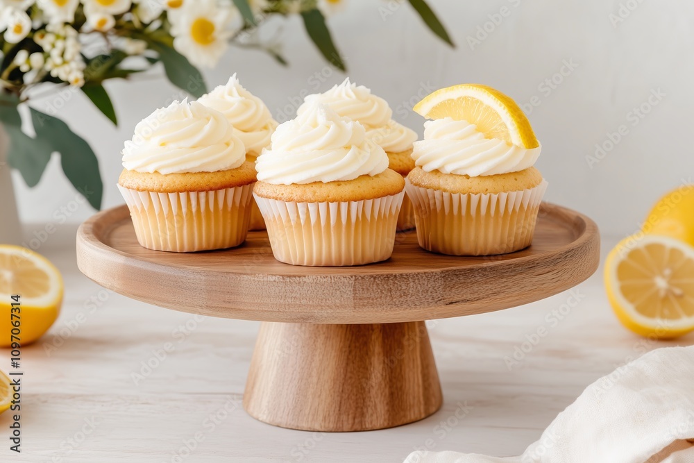 National Lemon Cupcake Day, batch of lemon cupcakes with fluffy buttercream swirls, garnished with lemon slice, served on a rustic wooden cake stand with scattered citrus slices around, December 15 National Lemon Cupcake Day, batch of lemon cupcakes with fluffy buttercream swirls, garnished with lemon slice, served on a rustic wooden cake stand with scattered citrus slices around, December 15