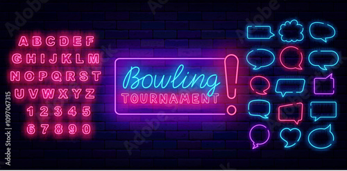 Bowling tournament neon label with pins. Strike winning. Sport tournament sign on brick wall. Vector stock illustration