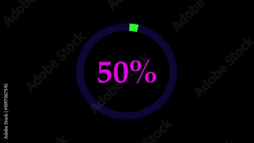 loading progress bar on black background, 0 to 100% loading progress animation, 0% to 100% circular loading bar animation.