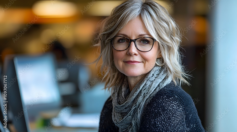 Confident older woman with glasses and blonde hair in a modern workspace. Professional demeanor, mature talent, inclusive environment, approachable expression Confident older woman with glasses and blonde hair in a modern workspace. Professional demeanor, mature talent, inclusive environment, approachable expression