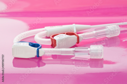 Dual lumen hemodialysis curved catheter for exchanging blood on pink background photo