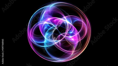 Glowing neon geometric shapes forming a circular vortex with gradient hues of purple, blue, and magenta