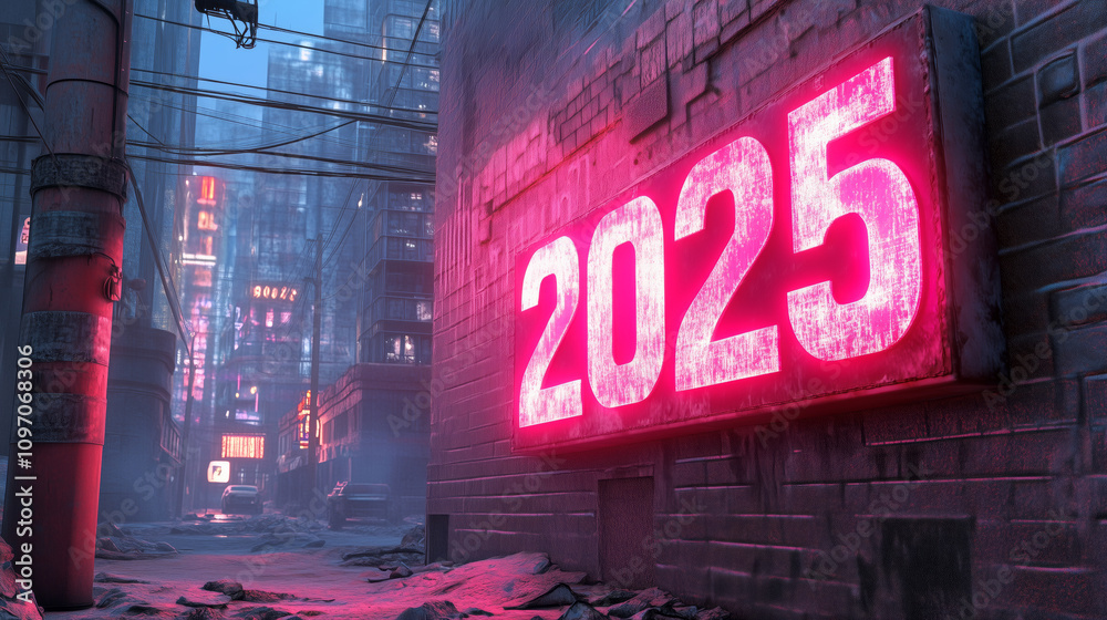 Bright neon sign displaying the year 2025 in a futuristic urban alley at night Bright neon sign displaying the year 2025 in a futuristic urban alley at night