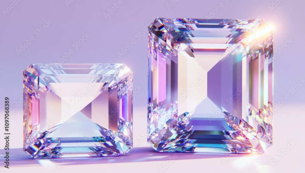 Two sparkling, faceted crystals reflecting light against a soft pastel background. Two sparkling, faceted crystals reflecting light against a soft pastel background.
