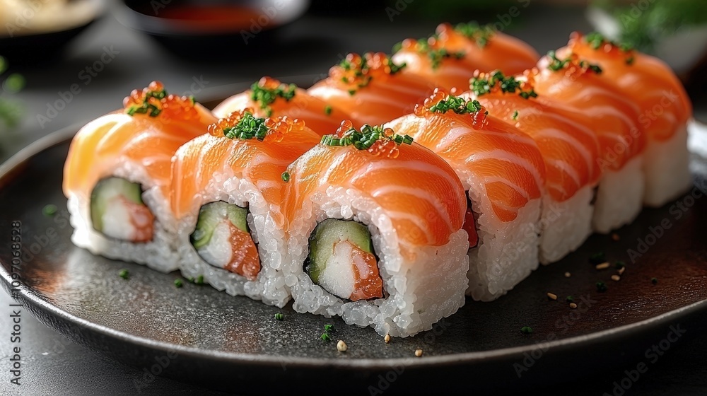 Delicious salmon sushi rolls on plate with chives and roe garnish Delicious salmon sushi rolls on plate with chives and roe garnish