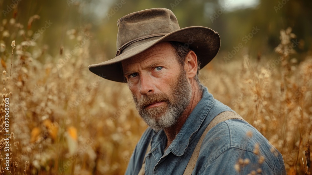A rugged farmer in a field of golden crops, reflecting a hardworking rural lifestyle. A rugged farmer in a field of golden crops, reflecting a hardworking rural lifestyle.