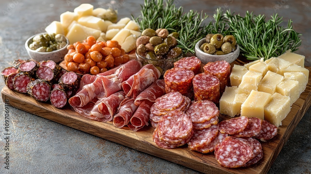 Diverse charcuterie board with cheeses, cured meats, olives, and herbs Diverse charcuterie board with cheeses, cured meats, olives, and herbs