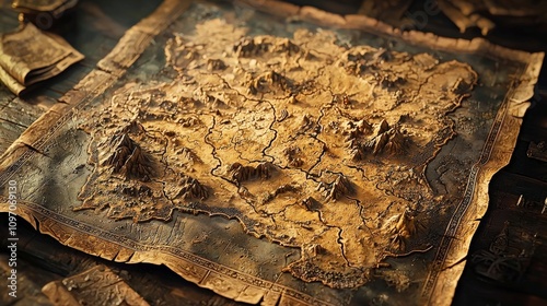 Ancient-style parchment map with detailed topography of mountains, rivers, and valleys, evoking a sense of exploration and historical intrigue in a forgotten world.
