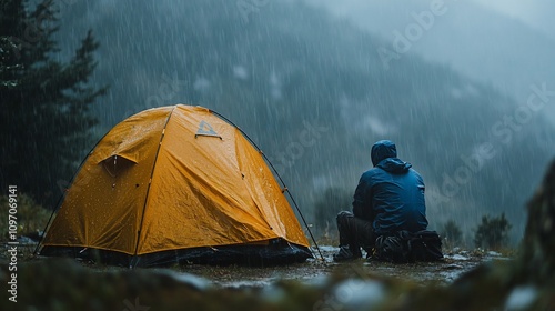 Solitary camper sits by yellow tent in heavy rain.