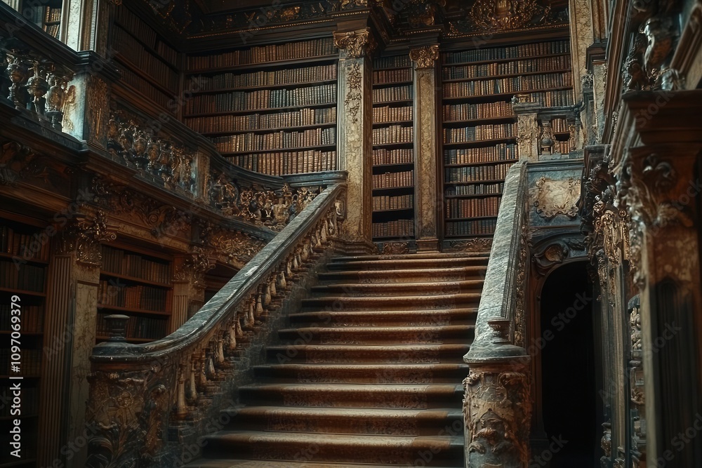 Obraz premium intricate library wall showcasing an extensive collection of ancient books and manuscripts, radiating historical significance and wisdom, with warm lighting enhancing the scholarly atmosphere