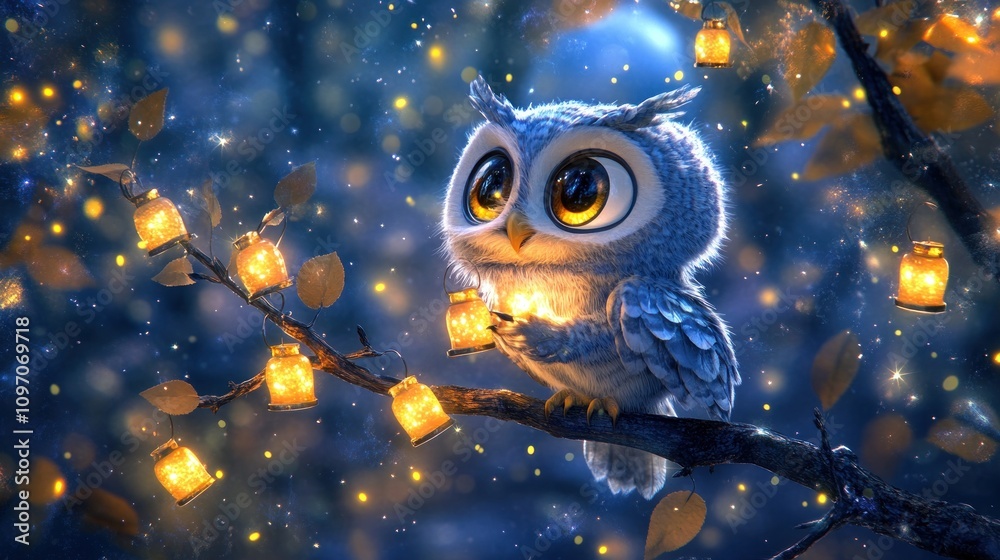 A cute owl holding glowing lanterns on a branch in a magical forest setting. A cute owl holding glowing lanterns on a branch in a magical forest setting.