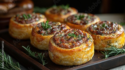 Savory puff pastry swirls with herb-infused sausage filling on rustic wooden board