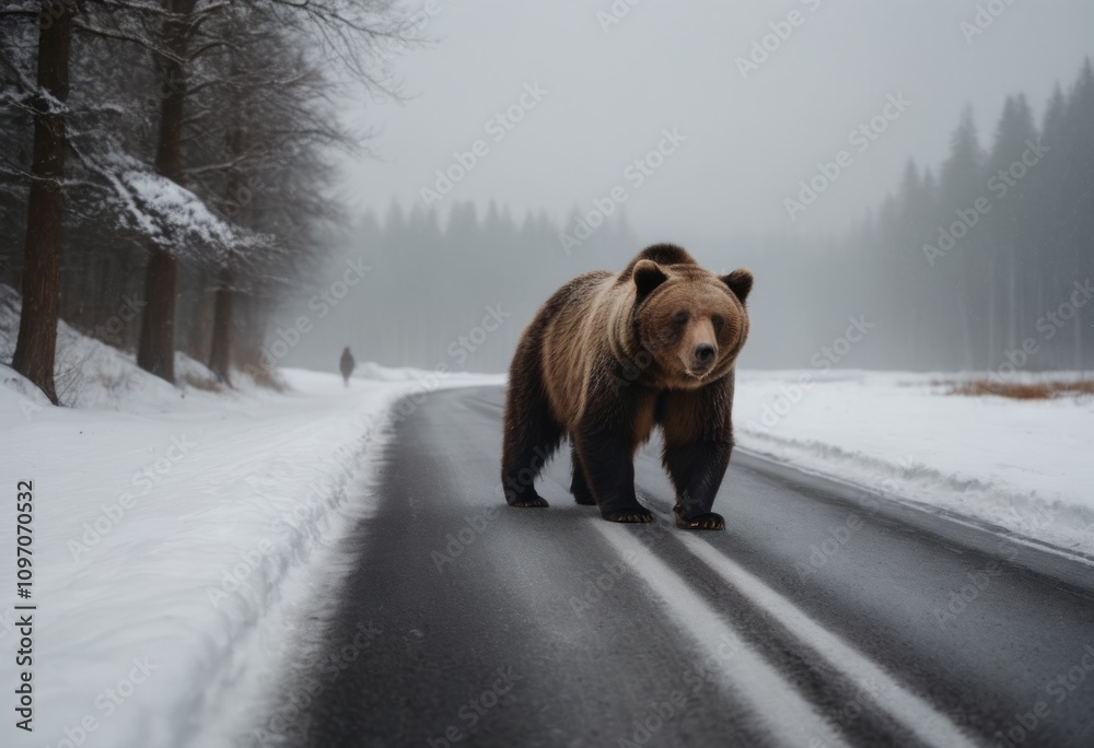 Grizzly bear walking on the road in the winter forest. AI generated photo Grizzly bear walking on the road in the winter forest. AI generated photo