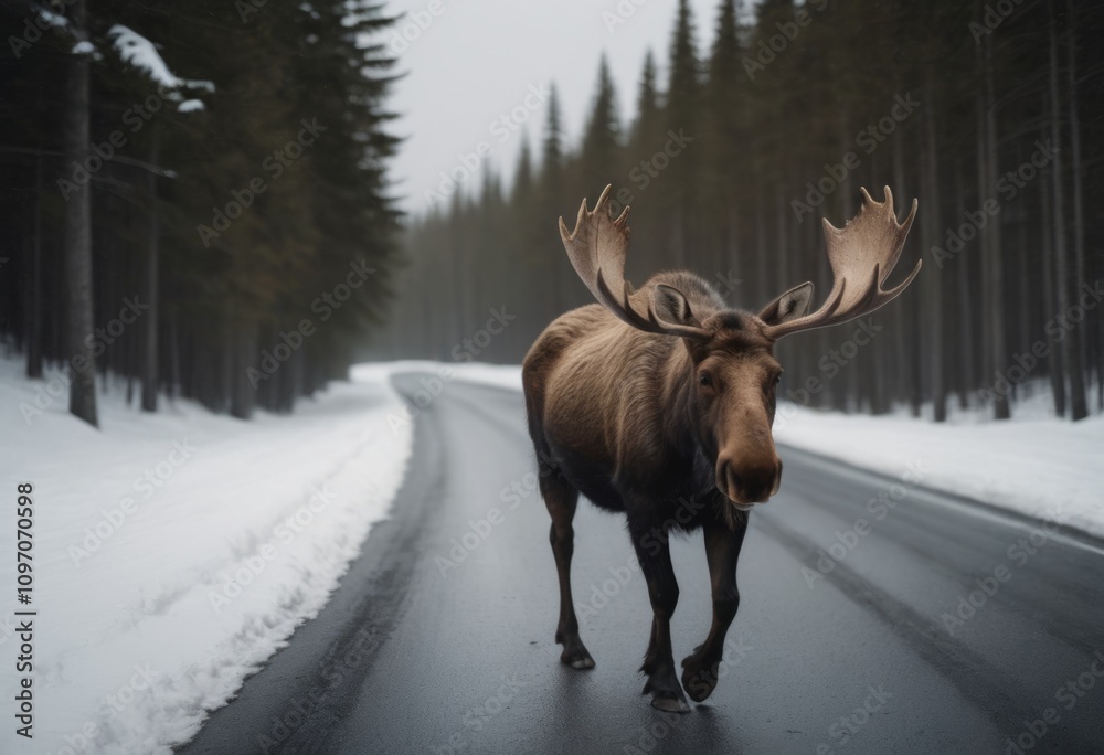 Moose walking on the road in the forest during the winter. Moose walking on the road in the forest during the winter.
