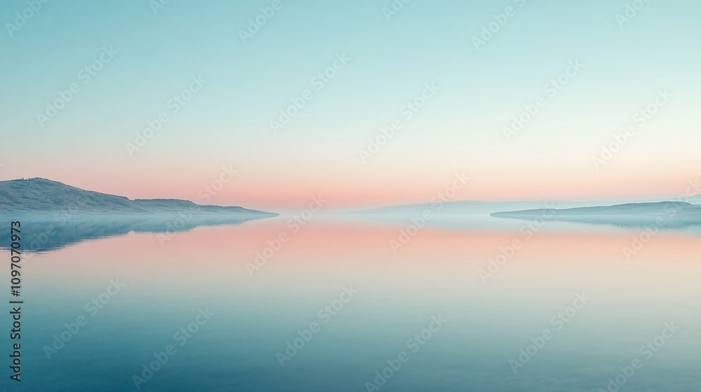 Fototapeta premium Serene sunrise over calm lake reflecting pastel sky.
