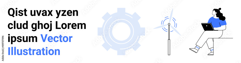 Gear, wind turbine, person with laptop. Ideal for technology, renewable energy, innovation, engineering, sustainability illustration education Landing page Gear, wind turbine, person with laptop. Ideal for technology, renewable energy, innovation, engineering, sustainability illustration education Landing page