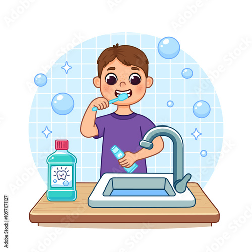 Boy in pajamas brushing teeth with toothbrush and toothpaste, standing near sink with tap. There is mouthwash on table. Cartoon style illustration, isolated.