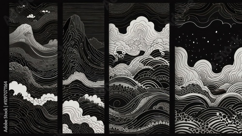 Monochrome Japanese wave and mountain art prints.