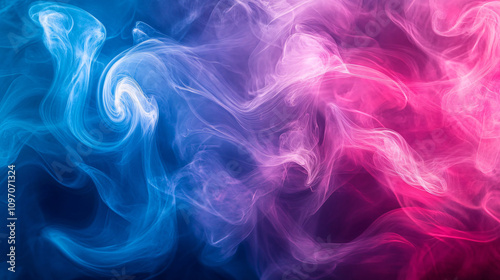 Abstract shapes, patterns, and textures created by blue and pink smoke on a black background