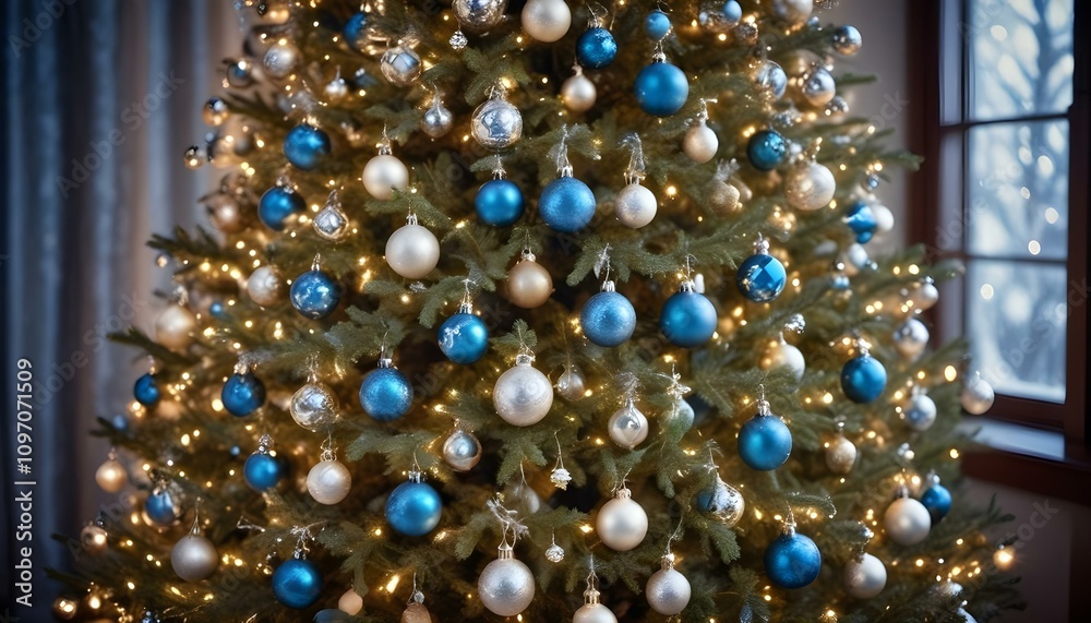 Un árbol de Navidad con adornos y luces, con un fondo nevado y luces bokeh borrosas Un árbol de Navidad con adornos y luces, con un fondo nevado y luces bokeh borrosas