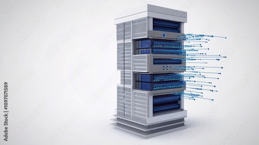 A digital server tower with data streams, symbolizing technology and data processing.