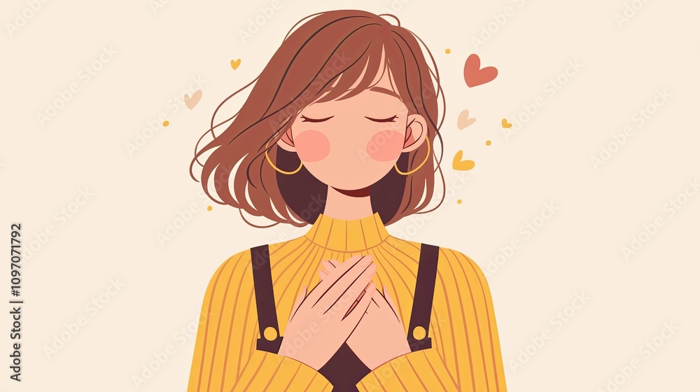 Illustration of a woman with closed eyes and hearts around her Illustration of a woman with closed eyes and hearts around her