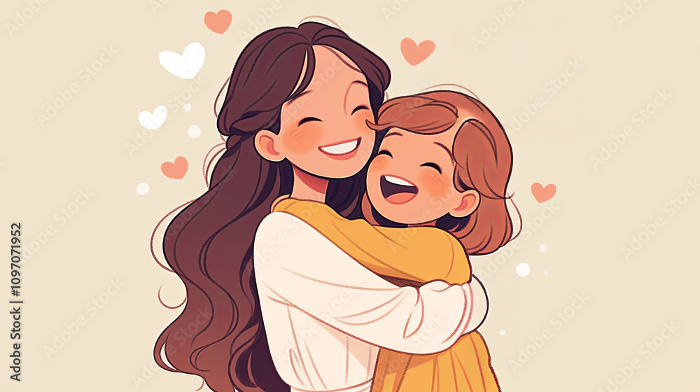 Illustration of a joyful mother and daughter hugging with love Illustration of a joyful mother and daughter hugging with love