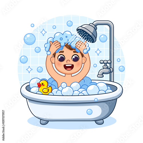 A boy is bathing in a bubble bath, a duck is swimming nearby. He is washing his hair with shampoo under the shower. Cartoon style illustration, isolated.