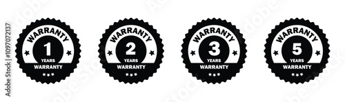 Warranty icon set, containing 1, 2, 3,  and 5 years seal guarantee certificate symbol in black shiny color  isolated on white background.